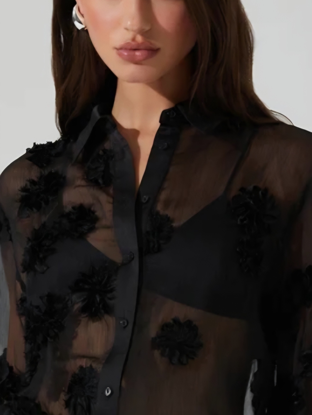Worthington Black Peplum Sheer Floral Appliqué Button-Front Blouse Size Small NW